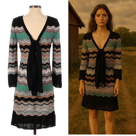 Missoni Mini Dress Striped Zig Zag Knit Long Sleeve 36 0 Wool Viscose Tie Neck - Picture 1 of 7